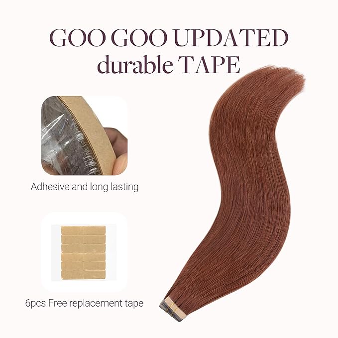 GOO GOO Tape in Hair Extensions Human Hair, #33B Dark Auburn Copper, 14inch 100g 40pcs, Skin Weft Seamless Invisible, Silky Straight with Thick Ends, Remy Human Hair