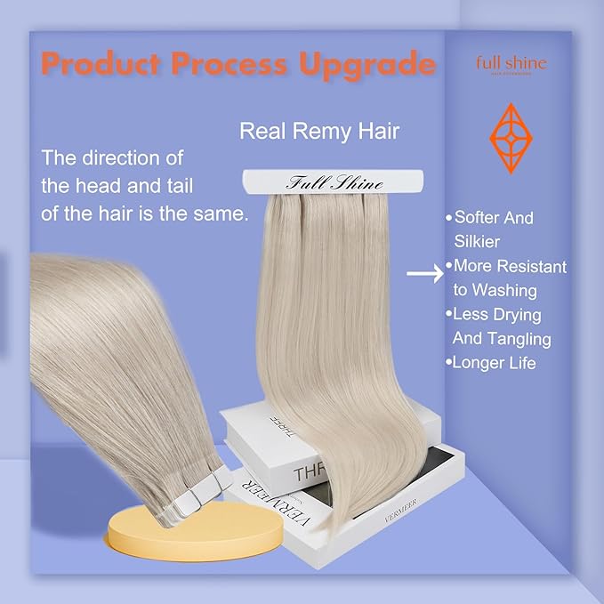Full Shine Tape in Hair Extensions Silky Straight 18 Inch Color 1000 Blonde Adhesive Tape in Hair Extensions Human Hair Real Remy Human Hair Soft Glue in Brazilian Hair 20 Pcs 50 Grams