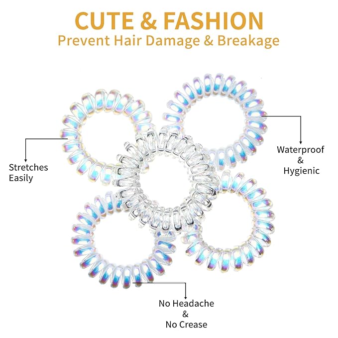 16Pcs Spiral Hair Ties, (Laser&Clear White) Hair Elastic Coils for Women and Girls, Waterproof Phone Cord Hair Scrunchies Accessories Bands for Ponytails and Updos