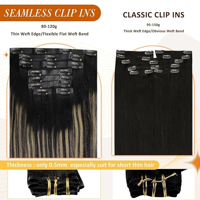 Full Shine Human Hair Clip in Extensions Black Balayage Seamless Clip ins Hair Extension With PU Weft Black Ombre Caramel Blonde Invisible Hair Extension Longevity 20 Inch 120 Grams 8 Pcs