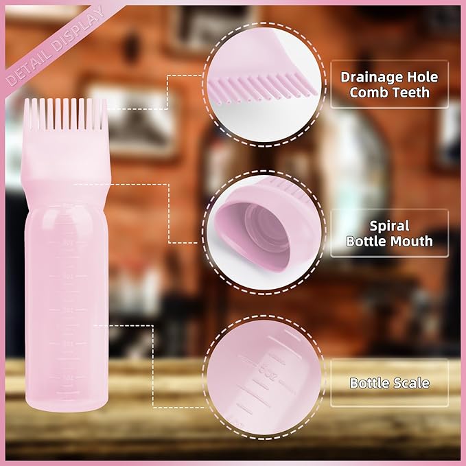 BLAAROOM Root Comb Applicator Bottle 6 Ounce, 4 Pack Hair Oil Applicator with Root Comb Brush for Scalp Hair Oiling - Pink
