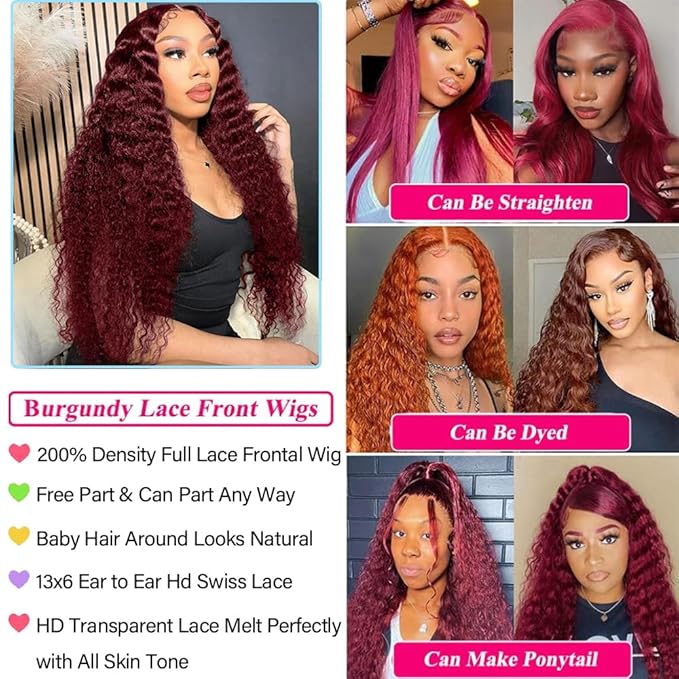 40 Inch 99J Burgundy Lace Front Wigs Human Hair Red Burgundy Wig 200% Density 13x6 Deep Wave Lace Front Wigs Human Hair Pre Plucked Glueless HD Lace Frontal Wigs for Women