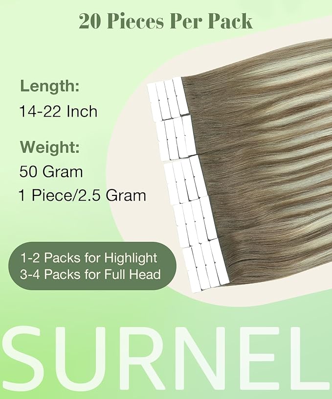 SURNEL Tape in Hair Extensions Ombre Color 8 Ash Brown Fading to 60 Platinum Blonde Human Hair 16 inch Remy Tape in Hair 20pcs 50g(#8T60-16)
