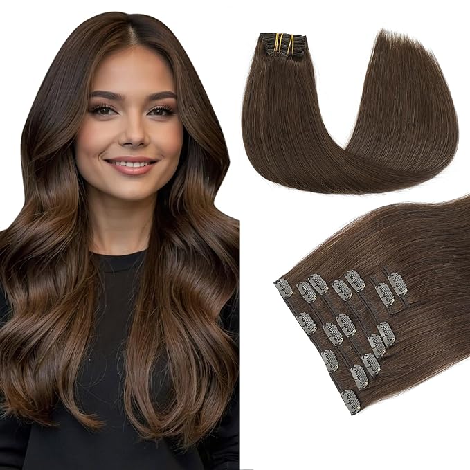 PINKPEARL Human Hair Clip in Hair Extensions 20inch #4 Chocolate Brown Clip in Hair Extensions Real Human Hair 7pcs 120g Natural Human Hair Clip ins for Women(#4-20)