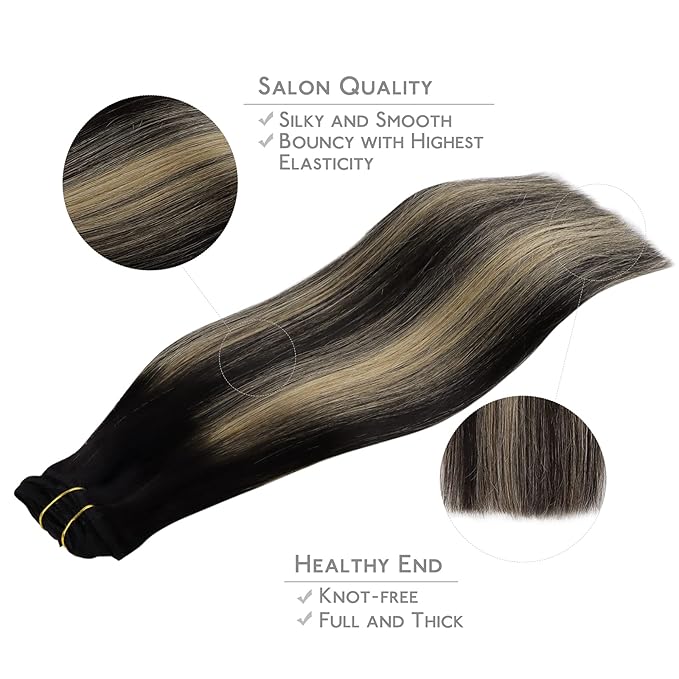 WENNALIFE Clip in Human Hair Extensions, 14 Inch 120g 7pcs Balayage Natural Black to Light Blonde Remy Clip in Hair Extensions Double Weft