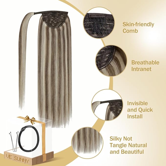 Ve Sunny Hair Extensions Ponytail Real Human Hair 80G Wrap Around Clip in Ponytail Hair Extensions Straight Extensions Human Hair for Women Light Brown Highlights Platinum Blonde 14inch