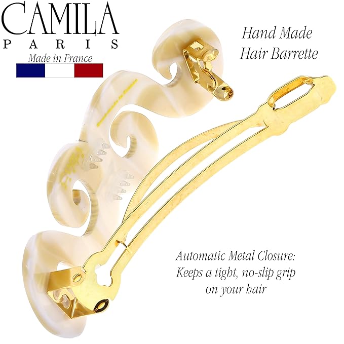 Camila Paris CP3169 French Hair Barrette Clip for Girls, Handmade, White, Gold Metal Clasp Strong Hold Grip Hair Clips for Women, No Slip and Durable Styling Girls Hair Accessories, Made in France