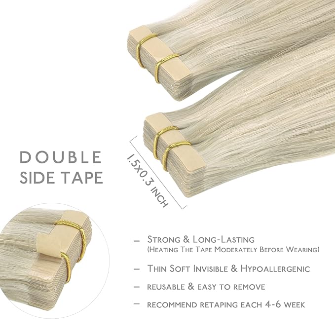WENNALIFE Tape in Hair Extensions Human Hair, 20pcs 50g 20 inch Ash Blonde Highlighted Platinum Blonde Remy Hair Extensions Straight Human Hair Tape in Extensions Skin Weft Tape Extensions Human Hair