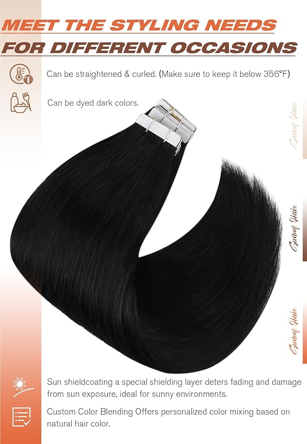 Sunny Hair Tape in Hair Extensions Human Hair 24inch Hair Extensions Real Human Hair Tape in Extensions for Women Jet Black Invisible Remy Hair Natural Straight Skin Weft Double Sided Tape 40pcs 100g