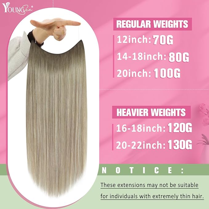 YoungSee Wire Hair Extensions Real Human Hair Ash Blonde Wire Human Hair Extensions Balayage Ash Mix Platinum Blonde One Piece Hair Extension with Extra Clips for Women 16inch 80g