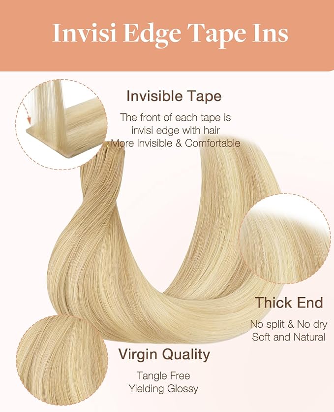 GOO GOO Invisi Edge Tape in Hair Extensions Human Hair, 18AT60A Pearl Ash Blonde Highlights 20pcs injected with 20pcs classical tape ins, 10inch 60g, Virgin Remy Hair, Natural Look