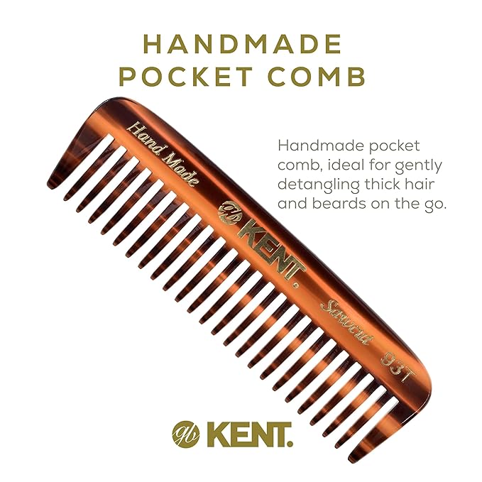 Kent 93T Tortoiseshell Wide Tooth Small Comb for Men's Mustache and Beard Grooming, Pocket Sized Detangler Travel Comb, Saw-Cut and Polished, Handmade in England