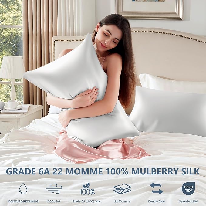 Silk Pillow Cases King Size 100% Mulberry Silk Pillowcase for Hair & Skin 22 Momme Both Side Grade 6A Silk Cooling Soft Breathable 20 x 36 Inches with Hidden Zipper 1PC, White