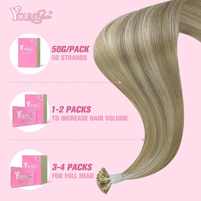 YoungSee K Tip Hair Extensions Light Brown Highlight K Tips Human Hair Extensions Light Brown Highlight Blonde 18In 50s/50g
