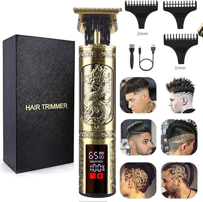 Professional Hair Clippers for Men Electric Haircut Kit Hair Trimmer Grooming Waterproof Rechargeable Close Cutting T Blade Trimmer USB Rechargeable Clippers for Hair Cutting (LED-Dragon)