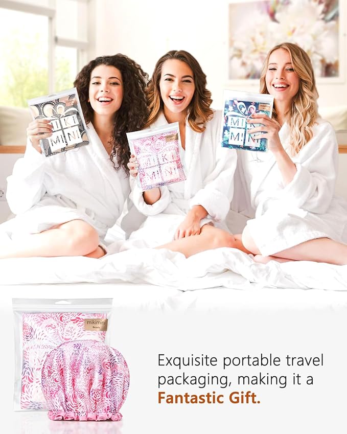 mikimini Large Shower Cap for Women Long Hair, 1 Pack,Romantic Petal Design, Double Layer Waterproof, Reusable, Washable, High-quality, Floral Print