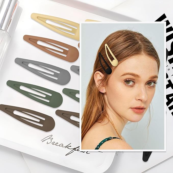 24 PCS 2.36 In Metal Snap Hair Barrettes For Women Water Drop Shape Hair Clips For Thick Thin Fine Hair,Matte Black Brown Gray Yellow Green Khaki