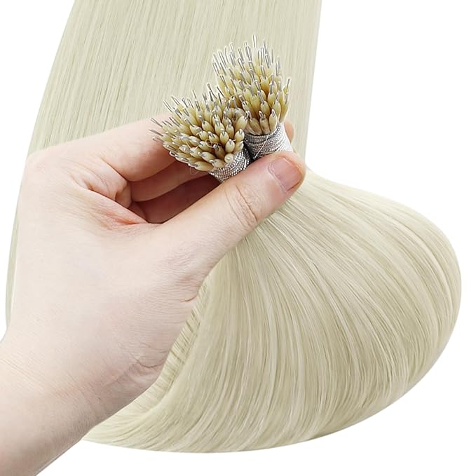 YoungSee Nano Ring Hair Extensions Human Hair Platinum Blonde Nano Bead Hair Extensions Human Hair Blonde Nano-Link Hair Extension Blonde Nanobead Extension Real Human Hair for Long 24inch 50s 50g