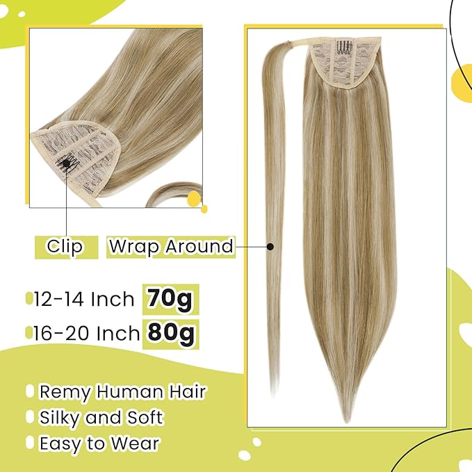 RUNATURE Human Hair Ponytail Extension Blonde, Straight Ponytail Extension Real Human Hair, Ponytail Hair Extensions Short, Remy Natural Hair 12 Inch 70g #16P22 Dark Ash Blonde Highlight Light Blonde