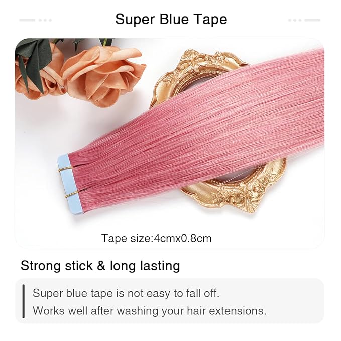 SUYYA Tape-in Hair Extensions - Human Hair Hot Pink 14 Inch Straight Tape Extensions 10PCS/Pack 20g