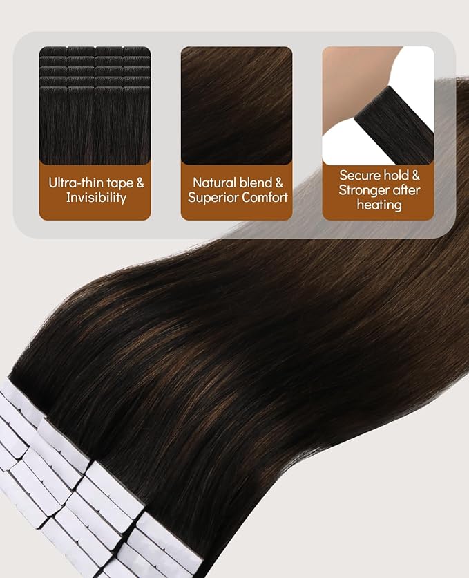 VINBAO 60g Invisi Edge Tape in Hair Extensions Real Human Hair 22in 20pcs Natural Black Ombre to Chocolate Brown Invisible Injected Tape in Hair Extensions 22inch #1BT4