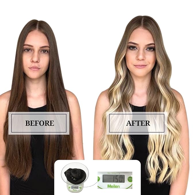 DOORES Clip in Hair Extensions Human Hair, Ash Brown to Platinum Blonde 150g 9pcs 20 Inch, Remy Hair Extensions Natural Extensions For Women Straight