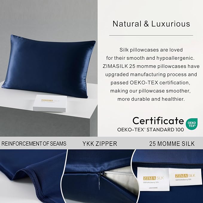 ZIMASILK 25 Momme 100% Pure Mulberry Silk Pillowcase for Hair and Skin Care, Highest Grade 6A Pillow Cases for Women, Long-Lasting Durablity, Gift for Women Men, 1Pc (King 20"x36", Navy Blue)