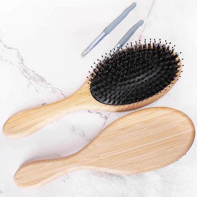 Lindale Boar Bristle Hair Brush for Women Men, Natural Bamboo Detangler Paddle Hairbrush for Hair Growth Beard Massaging Scalp, Reduces Static for Curly Hair with Ergonomic Handle
