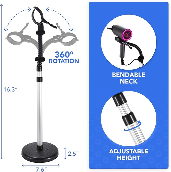Bamodi Hair Dryer Holder Black - Hands-Free Hair Drying Metal Stand with 360° Rotation, Adjustable Height - Countertop or Wall Mount - Stylish and Convenient Storage Solution for Bathroom