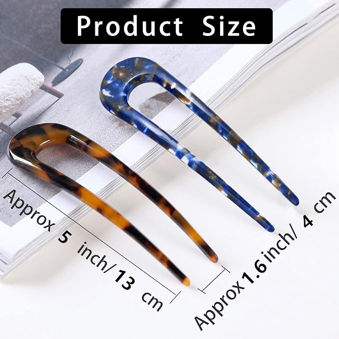 French Hair Pins Tortoise Shell French Hair Forks U Shaped French Pins 2 Prong Hair Sticks Acetate Chignon Pin for Women Hairstyle Accessories 2 Pack