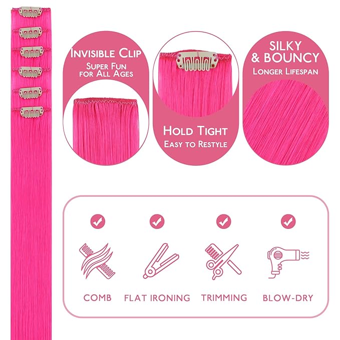 WENNALIFE Hot Pink Clip in Hair Extensions Real Human Hair 35g 6pcs 24 Inch Colored Hair Extensions for Kids Women Colorful Hair Pieces Pop-up Style Straight Extensiones De Cabello Humano Con Clip