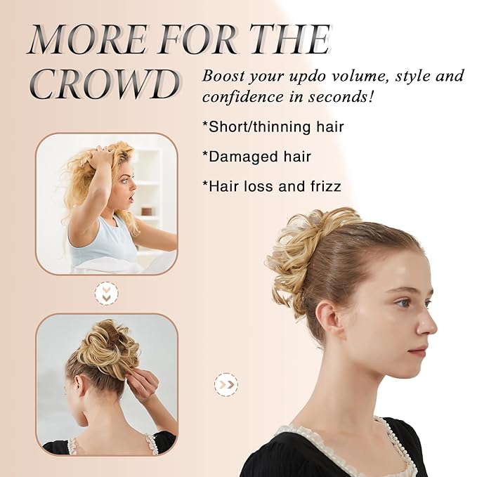Large Messy Bun Hair Piece Curly Synthetic Extensions Scrunchies Fake Chignon Updo Hairpieces for Women Dark Brown Highlights
