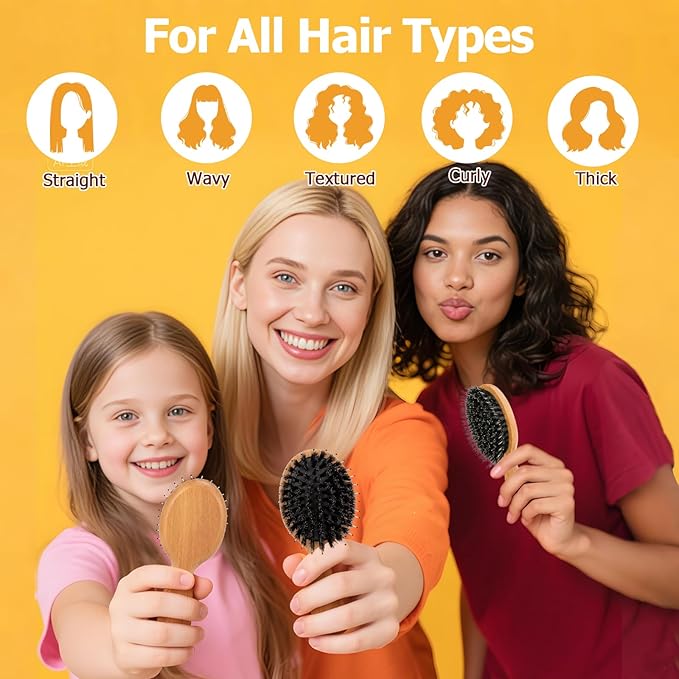 Travel Hair Brush, 3-Pack Mini Boar Bristle Hair Brush for Women - Small Portable Compact HairBrush for Girls Kids Women Best Gift, Travel Size for Purse, Vacation, Business Trips & Outings