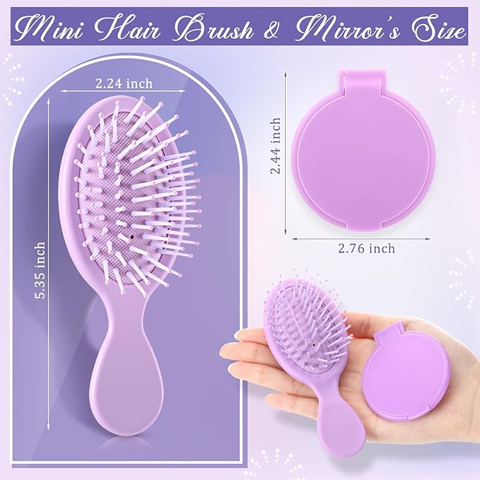 Meanplan 24 Pcs Mini Hair Brush Set 12 Travel Wet Dry Hair Combs Pocket Detangling 12 Compact Folding Makeup Mirrors for Spa Sleepover Birthday Bridal Shower Bachelorette Christmas Party Gift(Purple)
