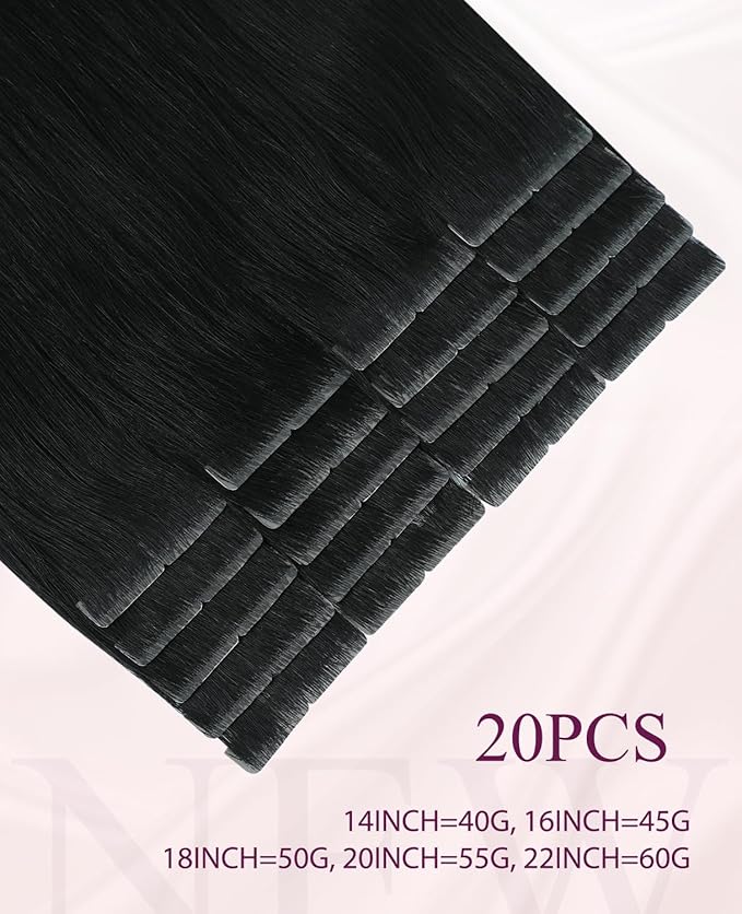 Pinkpearl Invisible Tape in Hair Extensions Human Hair, 20pcs 18inch 50g #1 Jet Black Injection Tape in Extensions Real Remy Straight Seamless Silky Human Hair Injected