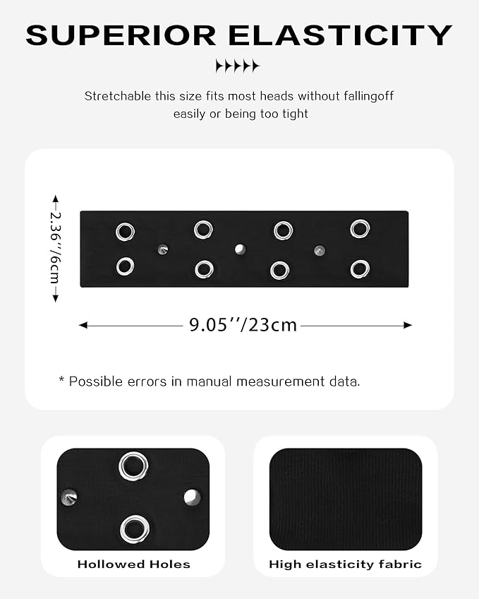 Grommet Headband for Women, Black Triangle Studs 23cm Hollow Out Elastic Hair Band, Eyelets Punk Grunge Stylish Hairband