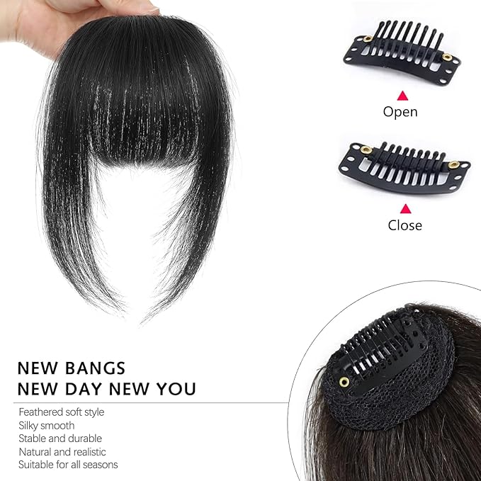 Clip In Bangs-Fake Bangs Hair Clip Natural Black Clip On Bangs Real Human Hair Curtain Bangs For Women Clips French Bangs Hair Extensions Fringe With Temples Hairpieces Curved Bangs For Daily Wear