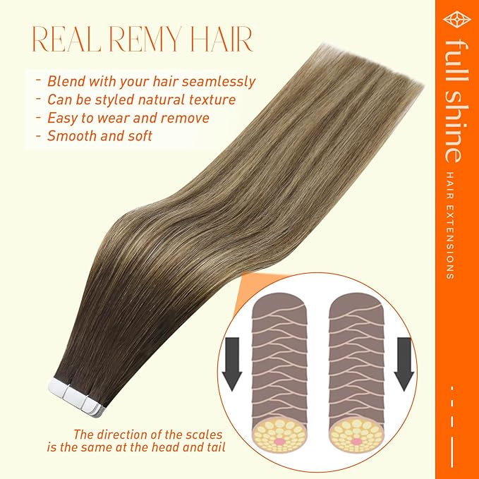 Full Shine Tape in Extensions Balayage Seamless Remy Tape in Hair Extensions Human Hair Color 2 Darkest Brown Ombre 3 Highlight 27 Honey Blonde Invisible Hair Extensions Tape ins 14Inch 20Pcs 50G