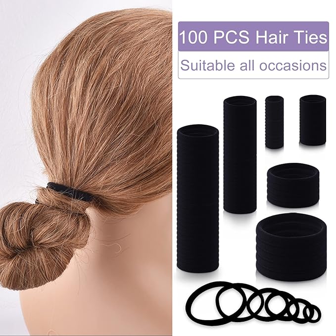 100PCS Various Sizes Black Hair Ties for Women,Elastics Hair Ties No Damage Ponytail Holder for Thick/Thin Hair Accessories,Soft Cotton Cloth Seamless Hair Bands