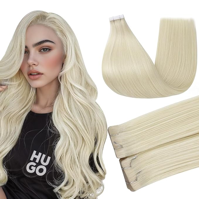 Full Shine Injection Tape in Hair Extensions Human Hair Color 60 Blonde Machine Remy Tape in Extensions Intact Seamless Skin Weft Invisible for Women Add Volume Natural 14Inch 40Gram