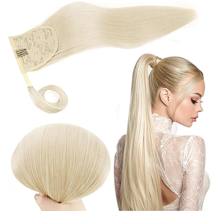 RUNATURE Ponytail Extension Real Human Hair, Platinum Blonde Ponytail with Magic Paste, Easy to Install, Soft Natural Human Hair Ponytail for Women, Thick Ends 12 Inch 70g #800
