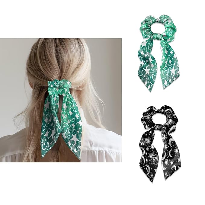 Green Star Hair Ties Elastic Ribbon 2 Pack Sun Moon Black Knotted Bow Hair Scrunchies for Girls No Damage Ponytail Scrunchy with Long Tails