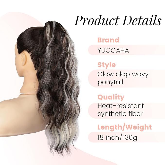 Claw Wavy Ponytail Extension 18 Inch for Women Curly Pony Tail Clip in Hair Extensions Fluffy Natural Looking Synthetic Hairpiece for Daily Use (Ash Brown with Platinum Blonde)