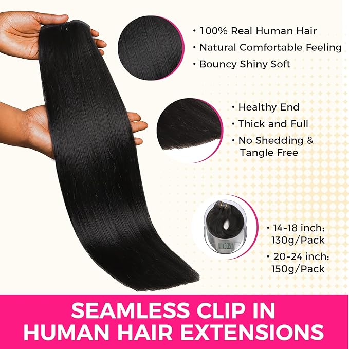 Lashey Seamless Clip in Hair Extensions Human Hair 130g 9pcs #1 Jet Black Light Yaki Straight 14 Inch Clip in Hair Extensions Full Pack with Soft PU Invisi Edge
