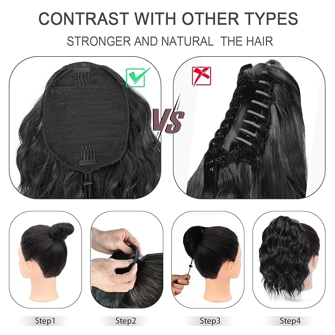 Ponytail Extension-12 Inch Drawstring Ponytail Hair Extensions for Women Synthetic Curly Wavy Fake Pony Tails Hair Pieces for Daily Party Use (Black)