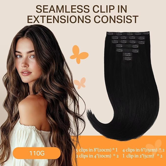 DOORES Human Hair Clip in Extensions, Jet Black 110g 7pcs 14 Inch, Seamless Clip in Hair Extensions Human Hair Extensions Clip in Straight Trick Hair Invisi Edge Hair Extensions Remy Natural Hair
