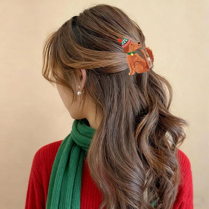 Christmas Hair Clips for Women, Cute Christmas Puppy Hair Claw Clips Funny Strong Hold Dog Jaw Clips with Hat Design Non-slip Animal Winter Hair Barrettes Xmas Hair Accessories Decoration