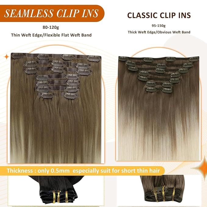 Full Shine Clip in Hair Extensions Real Human Hair Brown Ombre Invisible Hair Extensions Ombre Ash Brown to Platinum Blonde Real Hair Clip ins 20 Inch 8 PCS 120 G