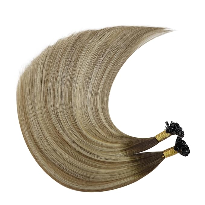 YoungSee K Tip Hair Extensions Balayage 22In Keratin Hair Extensions Human Hair Ombre Dark Brown to Brown with Blonde Straight 50s/50g