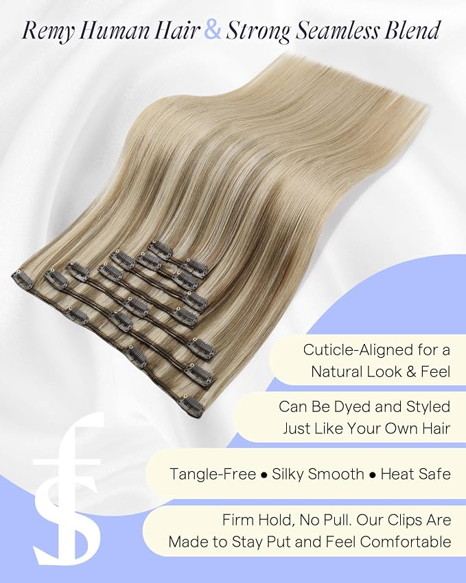 Full Shine Invisible Clip in Hair Extensions Human Hair 135 G Caramel Latte Rooted Highlight Blonde Clip in Human Hair Extensions 18 Inch 7 Pcs